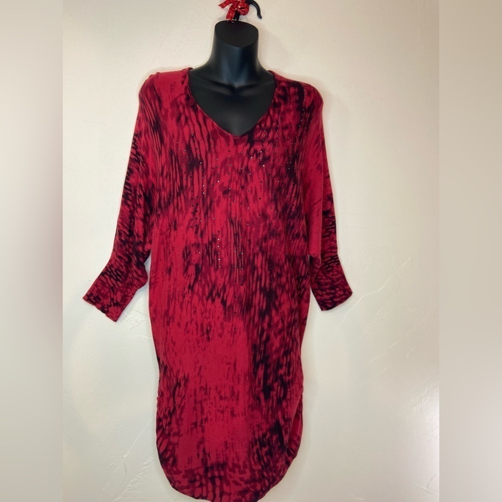 Calvin Klein Jeans~Red & Black Knit Riveted Top Or Dress~Dolman Sleeves~Size L